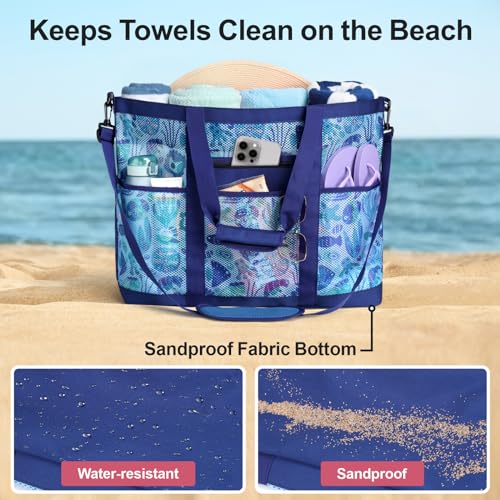 Image of Beach Bag, F-color Mesh Beach Bag Oversized Beach Tote 8 Pockets Beach Toy Bag Lightweight Beach Tote Bag for Women Picnic Travel