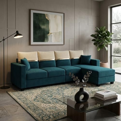 Image of Furny Arvea 5 Seater Fabric RHS L Shape Sofa Set (Greenish Teal) | Soft Velvet Fabric | Modern Design | Comfortable Seating | Living Room Furniture