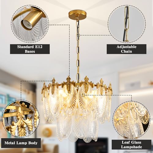 Antique Chandeliers 2-Layer Gold Crystal Glass Chandelier, 4-Light Round Pendant Light 17.7" Brushed Brass Adjustable Height, Applicable to Dining Room, Bedroom, Living Room, Foyer, Kitchen Island by KELUOLY - Image 4