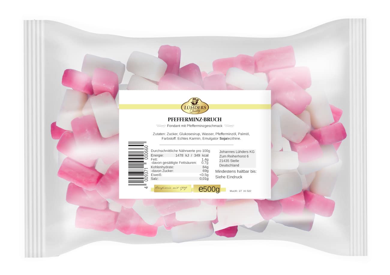 Pfefferminzbruch 500g Vorratspackung - Lühders Pfefferminzbruch 155g - Traditioneller Rosa-Weißer Pfefferminzbruch Süßigkeiten aus der Kindheit