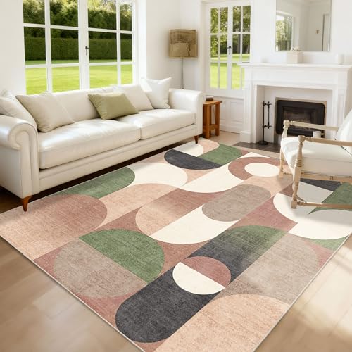 Castage 5x7 Area Rugs Modern Washable Rug for Living Room Bedroom,Large Retro Orange Geometric Non Slip Carpet for Dining Room Farmhouse Office