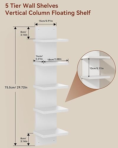 Miniatura 3 de IBUYKE Estantería de pared de 5 niveles, estante vertical blanco, estante flotante de pared, organizador de torre alta, estantería decorativa de