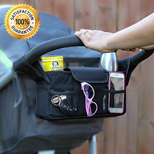 Stroller Organizer + Stroller Hook, Universal fit with Adjustable Straps, Stroller Caddy, Accessories Bag, Stroller Bag, Baby Accessories, Stroller Diaper bag (Black)