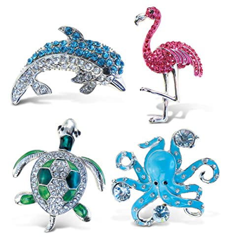 Aqua79 Beach Sparkling Refrigerator Magnet Set – Silver Dolphin, Flamingo, Sea Turtle, Octopus Magnets, Sparkly Animal Rhinestone Magnets for Door Fridge, Home Office Novelty Decor - Set of 4