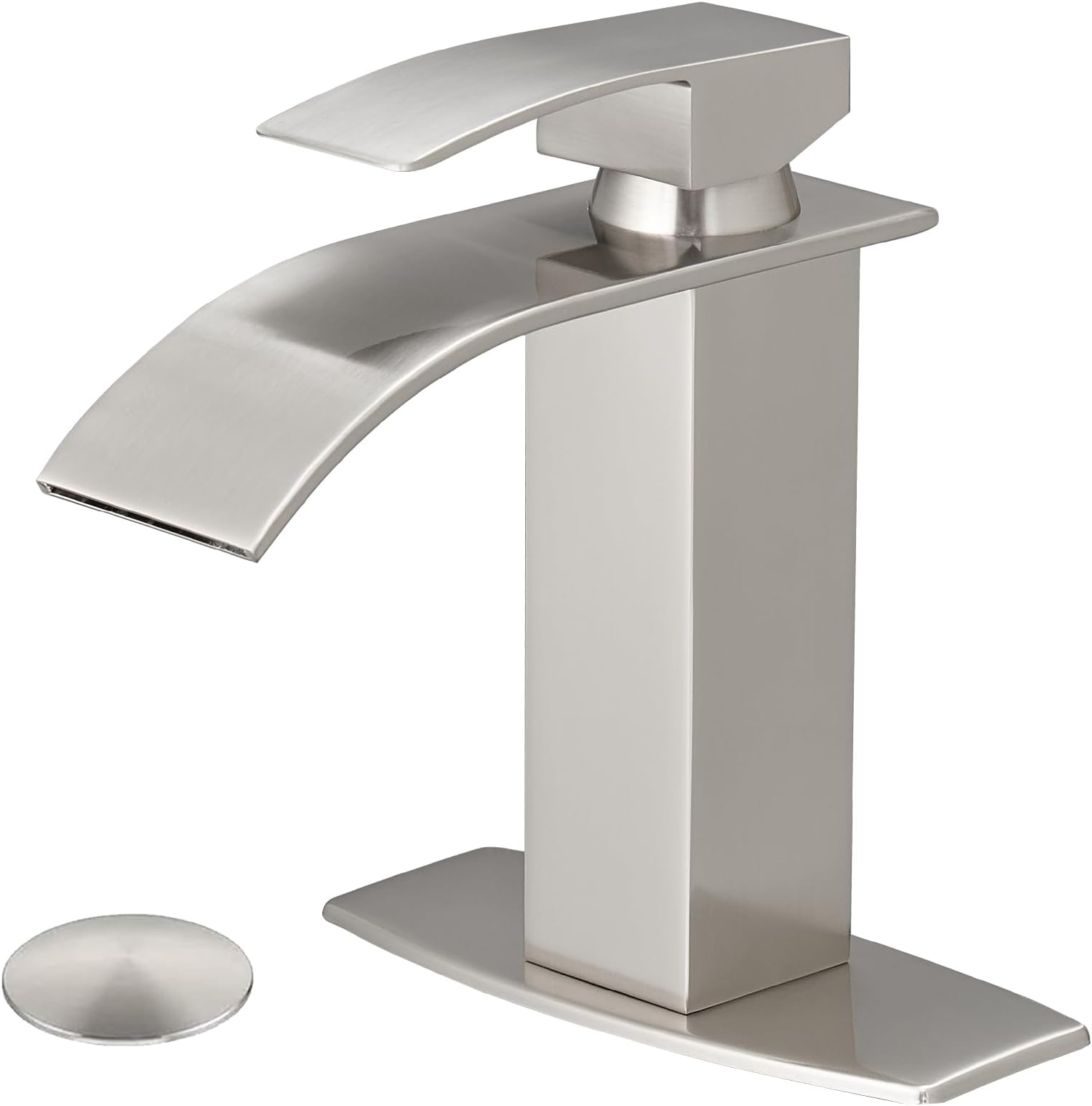 BESy Brushed Nickel Waterfall Spout Bathroom Faucet, Single Handle Bathroom Sink Faucet with Pop-up Drain, Rv Vanity Faucet with Deck Plate & Supply Hoses, Burshed Nickel, 1 or 3 Hole