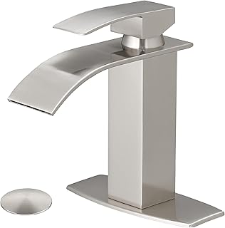 BESy Brushed Nickel Waterfall Spout Bathroom Faucet, Single Handle Bathroom Sink Faucet with Pop-up Drain, Rv Vanity Faucet with Deck Plate & Supply Hoses, Burshed Nickel, 1 or 3 Hole