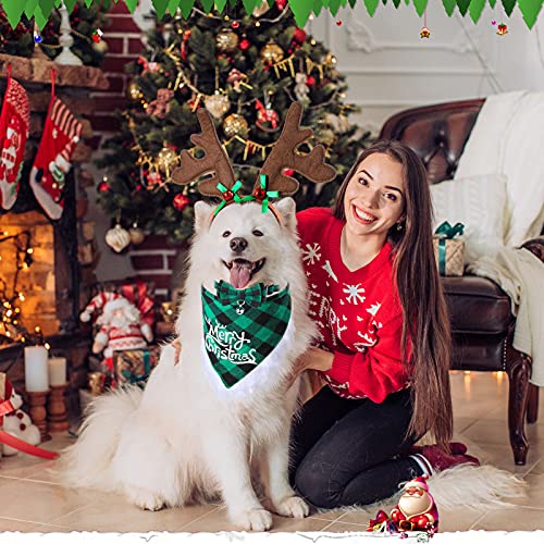 6 Pieces Christmas Dog Bandana Bow Tie With Reindeer Headband Costume Xmas Buffalo Plaid Pet Triangle Scarf Bib Adjustable Bowtie Collar For Dogs Cats Pets Christmas Decoration (Red, Green,Cute Style) #TOP5
