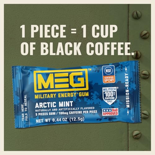 Image of MEG (Military Energy Gum) - Enhance Your Physical Performance with 100mg of Caffeine Per Piece, Ultimate Energy Boost for Workouts, Alternative to Energy Drinks | NSF for Sport Certified | Arctic Mint- Pack of 24