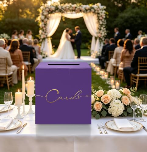 Image of HEIPINIUYE Purple Wedding Card Box with Gold Foil 9.8 inch x 9.8 inch Purple Large Gift Card Box for Party Wedding Reception Graduation Birthday Baby Shower Cardboard Raffle Envelope Box with Slot