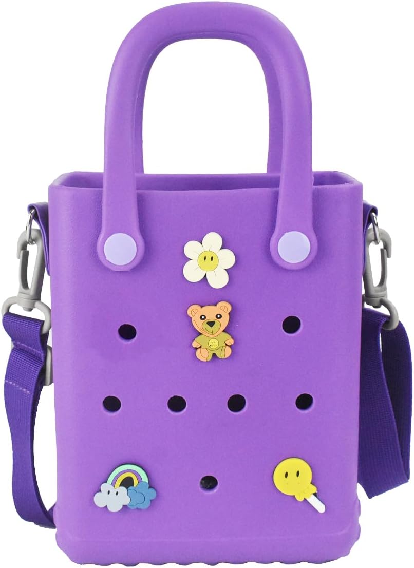 Mini Rubber Beach Bag with Strap & Charms, Waterproof EVA Beach Bag for Girls, Small Rubber Tote Bag for Women