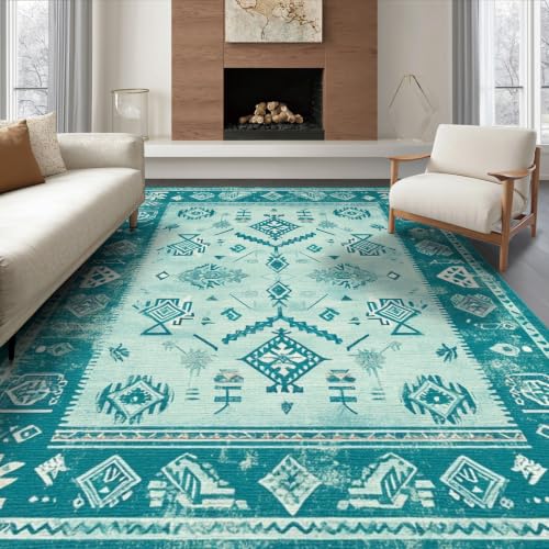ODIKA 6'x9' Teal Blue Mint Green Boho Motif Washable Area Rug