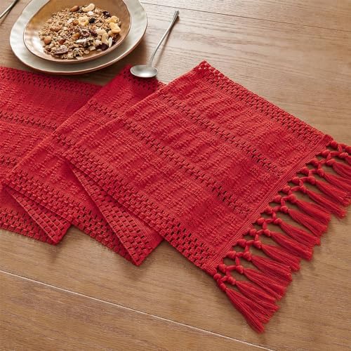 Image of ZeeMart Macrame Style Boho Table Runner, Red Table Runners 72 Inches Long, Farmhouse Woven Home Decor, 12x72 Inch, Red