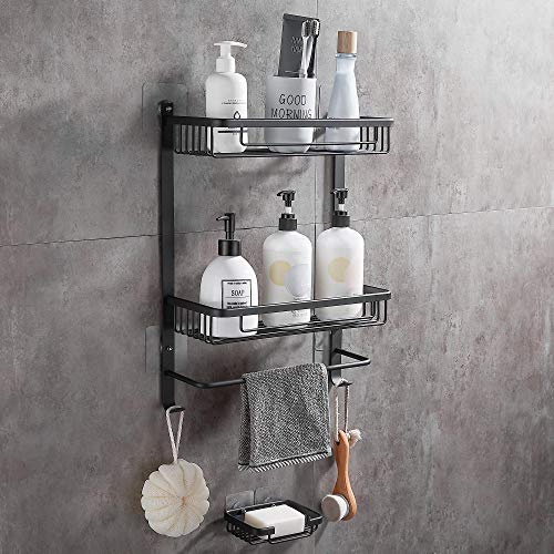 Gricol 2 Tier Badkamer Vierkante Douche Plank Caddy Geen Boren Zelfklevende Wandmontage Aluminium Opslag Organizer Center met Ingebouwde Washandje Bar voor Badkamer Keuken GRATIS ZEEP DISH Zwart