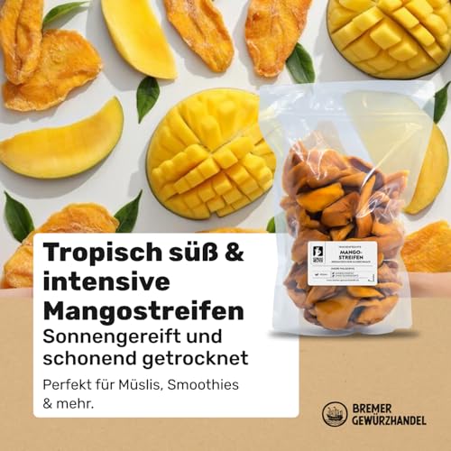 Bremer Gewürzhandel Mango, getrocknet 1 Kg ungeschwefelte Mangostreifen ohne Zuckerzusatz - getrocknete Früchte, Trockenfrüchte, Trockenobst, ungezuckert, dried mango, dried fruit