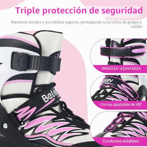 Miniatura 5 de Beleev Patines En Línea Para Niños Con Cordones Y Ruedas Luminosas Led, Austables Patines Ideal Para Niña Niño Principiantes Hombres Mujeres, Interiore Exteriores, Regalos Cumpleaños Navidad- Pink L