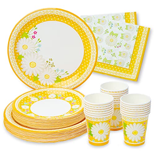 Royal Bluebonnet Daisy Paper Plates and Napkins for Birthday Decorations - Set of 24 Spring Paper Plates for Mothers Day Daisy Party Supplies Disposable Floral Party Supplies for Easter Brunch