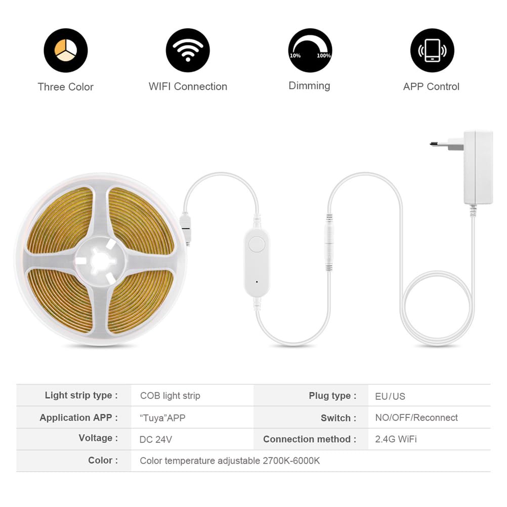 Taśma LED 5 m 24 V 608 diod LED/m z wtyczką Taśma LED WIFI COB z możliwością ściemniania, z zasilaczem Samoprzylepna 3000 K Ciepła biel IP65 Wodoodporna Do szaf Schody Korytarz Sypialnia Impreza,3m