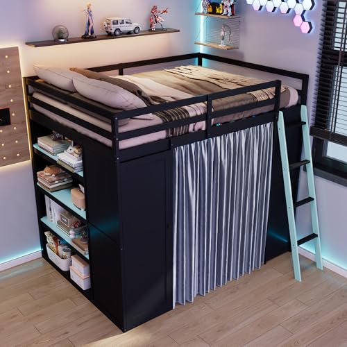 Image of Harper & Bright Designs Full Size Loft Bed with Wardrobe and Storage Shelves, Wooden Loft Beds Full with RGB Lights, Charging Sation and Blackout Curtains, Space-Saving, Black+Blue