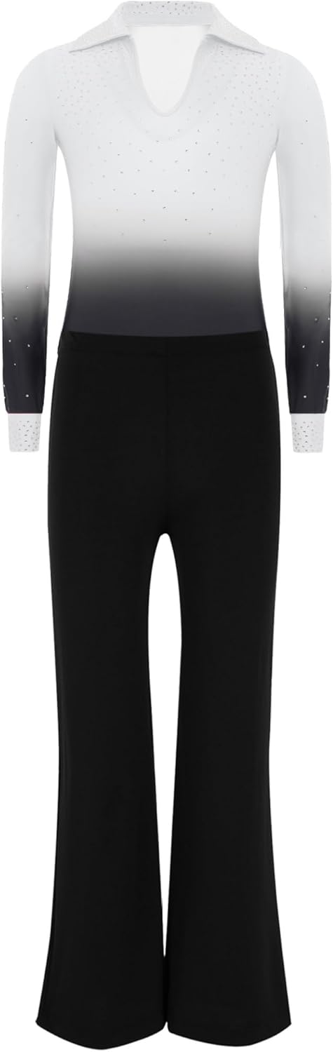 Linjinx Kids Boys Sparkly Rhinestone Skating Jumpsuit Ballroom Dance Unitard Gymnastics Leotard with Flared Pants Set