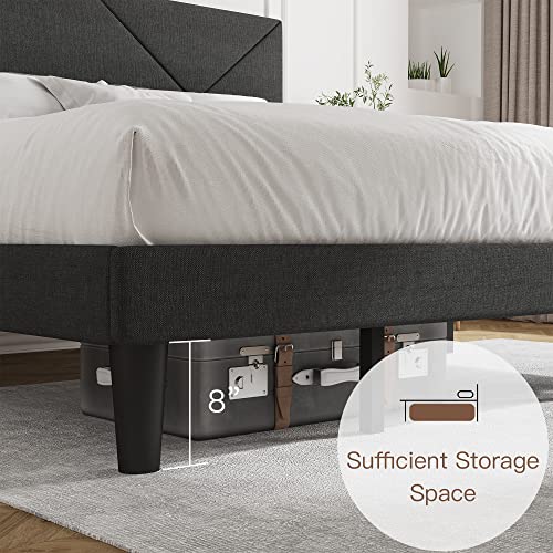 Ikalido Queen Size Upholstered Platform Bed Frame With Geometric Upholstered Headboard, Strong Wood Slats Support, Mattress Foundation, Dark Grey #TOP4