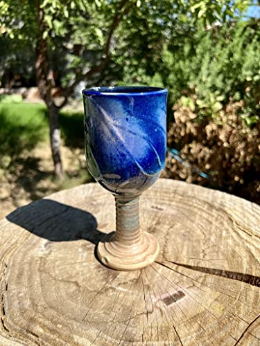 Long Stemmed Wine Glass, 10 Oz, Deep Blue To Gold Wine Glass #09B, Wheel Thrown Wine Glasses, Ceramic Wine Chalice, Handmade Wine Goblets #TOP1