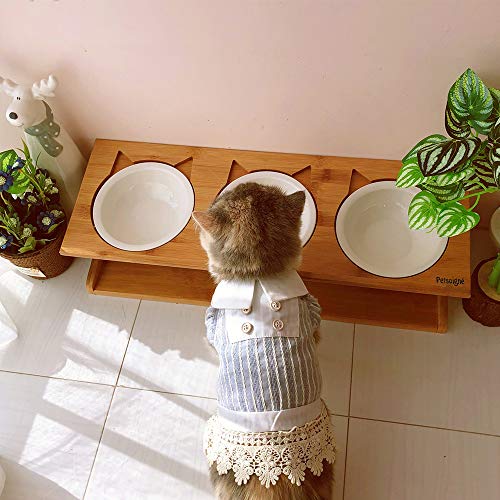 Petsoigné Cat Bowls Pet Dining Table With Raised Slope Wooden Stand Elevated Pet Bowls With Oblique Stand For Cats, Dogs, Kitten And Puppy (3 Bowls, Ceramics) #TOP5