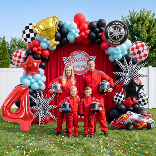 Image of TONIFUL Race Car Party Balloons Set - 40 Inch Red Number 4 Foil Balloon with Checkered Round, Explosion Star & Star Balloons for Boys 4th Birthday Car Themed Decorations, Photo Backdrop Supplies