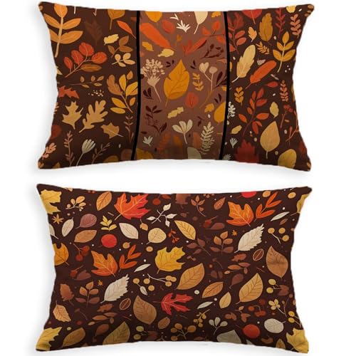 Housse coussin 40x80cm marron velours résistant impression feuille recto verso