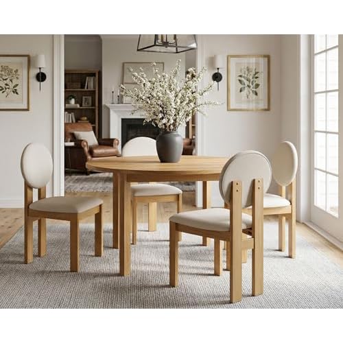 HNY Beige Linen Dining Chairs Set of 4, Modern Upholstered Kitchen Chairs with Round Back and Solid Wood Legs, Armless Farmhouse Woooden Dining Room Accent Chairs for Living Room/Restaurant