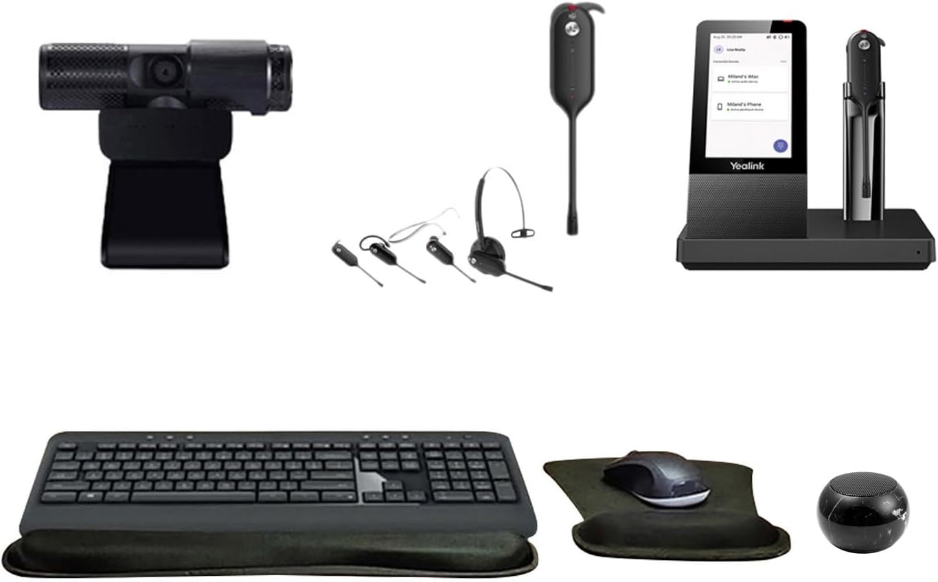 Yealink WH67 Mono Wireless Bluetooth Headset with Multitouch Console for Office, Bundle with Cam 313 2MP Webcam, MK540 Wireless Keyboard and Mouse, Gel Wrist & Mouse Pad, Mini Speaker, Pack of 4