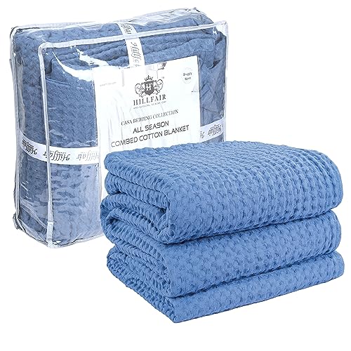 HILLFAIR 100% Cotton Blanket- 120"x120" XXL Oversized King Bed Blankets- Family Size 10 ft x 10 ft Big- Waffle Blankets- All Season Soft Breathable- Extra Large King Cotton Blanket for Bed- Sky Blue