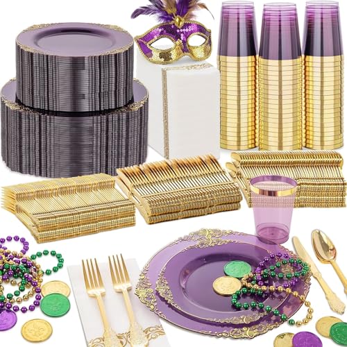 Nervure 350PCS Purple Plastic Plates - Purple Plastic Dinnerware Sets for 50 Guests - 100 Disposable...
