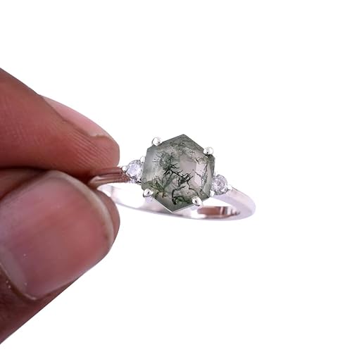 Solid 925 Sterling Silver Ring For Womens Genuine Moss Agate Simulated Diamond Ring Sterling Silver Dainty Ring Green Gemstone Ring disponible en Yaxa Venezuela