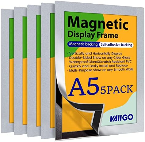 VAIIGO A5 Self-Adhesive Magnetic Display Frame, Magnetic Paper Holder with Strong Magentic Border for Signage, License, Photo, Notice, Document, Menu, Refrigerator Magnetic Frame (5Pack, Silver)
