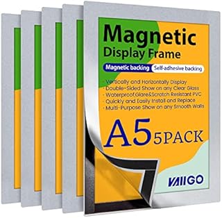 VAIIGO A5 Self-Adhesive Magnetic Display Frame, Magnetic Paper Holder with Strong Magentic Border for Signage, License, Photo, Notice, Document, Menu, Refrigerator Magnetic Frame (5Pack, Silver)