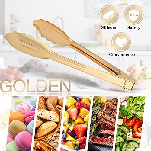MSY BIGSUNNY 9 Inch Kitchen Food Tongs for Cooking and Serving- Aluminum - Set of 3 (Gold-Plated) - Image 6