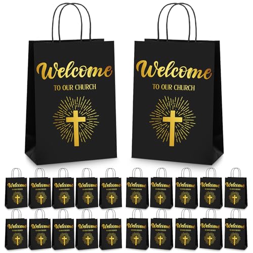 Chuangdi 50 Pcs Church Welcome Gift Bags Christian Paper Welcome to Our Church Religious Bags with Handles for Guest Baby Shower Baptism Birthday Party,5.9 x 3.15 x 8.27 Inch(Black)