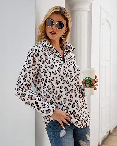 P&A Fashion Women's Long Sleeve Leopard Print Sweatshirt V Neck Quarter Zip Fleece Pullover Tops (M, White) #TOP2