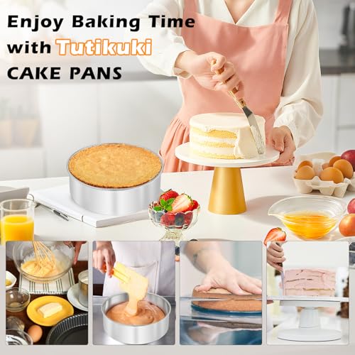 tutikuki 8 Inch Cake Pan - 3PCS Stainless Steel Round Layer Cake Baking Pans with 100 PCS Parchment Paper, Round Bakeware for Party Birthday Wedding, Mirror Finish & Dishwasher Safe by tutikuki - Image 7