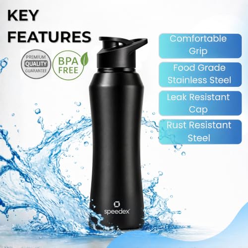 Image of Speedex Stainless Steel Water Bottle 1 Ltr, 1000 ml Metal Bottle For Daily, Leak Proof Sipper Cap, Office, School, Gym, Travel Use for Men, Women, Kids, Adults, Black, BIS Approved, Set of 1