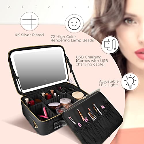 Makeup Train Case Travel Makeup Case Travel Makeup Bag With Lighted Mirror Portable Makeup Bag Organizer 3 Color Settings Makeup Case With Light Up Mirror For Women Girl (Black, 14.57X10.43X4.33'') #TOP2