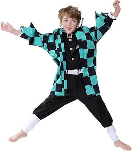 Deaboat Tanjir Cosplay Costume Outfit Green Robe Kimono Black Uniform with Full Cosplay Set for Boys