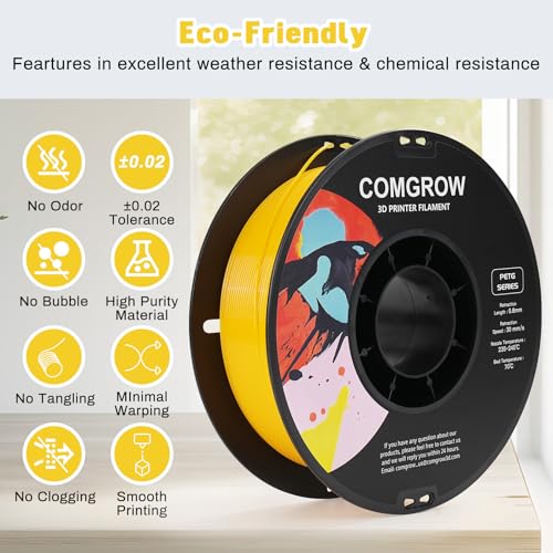 Image of Comgrow PETG 3D Printer Filament 1.75mm, High Precision and Tough 3D Printer Filament 1kg (2.2LBS), Dimensional Accuracy + /- 0.02 mm, Fit Most 3D Printers Yellow