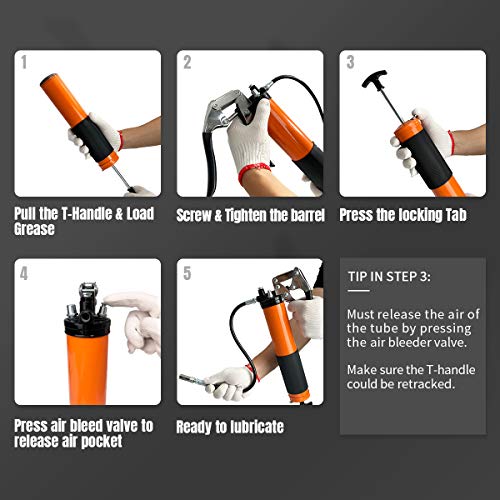 Thorstone Grease Gun Kit-8000 PSI,Pistol Grip Design | Made of Steel Barrel | with Accessories Including 18 Inch Spring Flex Hose, Working Coupler, Extension Rigid Pipe & Sharp Type Nozzle,Orange - Thumbnail 4
