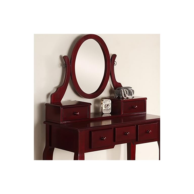 Roundhill Furniture Ashley Wood MakeUp Vanity Table and Stool Set, Cherry