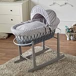 For Your Little One Wicker/Pod Moses Basket Hand-woven Natural, Hypoallergenic Mattress/Deluxe Design/Quilt, Bedding And Rocking Stand - (Grey Dimple, Wicker Moses Basket)