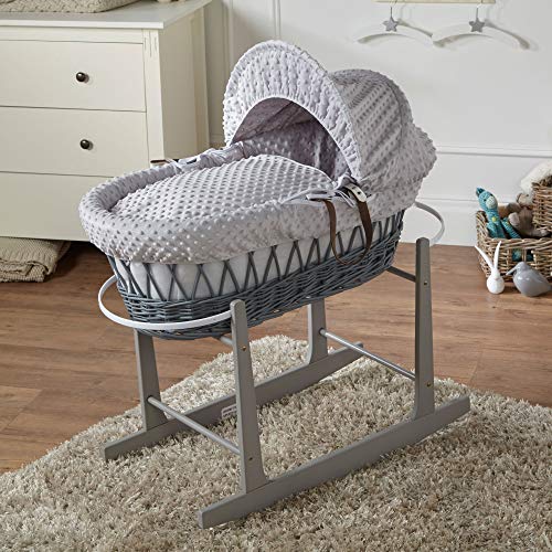 For Your Little One Wicker/Pod Moses Basket Hand-woven Natural Hypoallergenic Mattress/Deluxe Design/Quilt Bedding And Rocking Stand - (Grey Dimple Wicker Moses Basket)