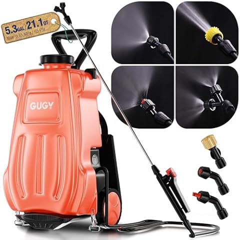 GUGY Backpack Sprayer Battery Powered - 5.3 Gallon Electric Back Pack Sprayers, Adjustable Wheeled Cart for Garden Lawn Yard Weeding, 0-65 PSI, 6.23Ft Hose, 4 Nozzles, 26" Wands, 4.2" Wide Mouth Lid Cover