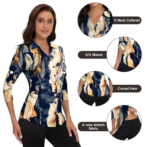 Soneven Womens Golf Polo Shirts 3/4 Long Sleeve V Neck Button Down Shirts Business Causal Work Blouses Tops3