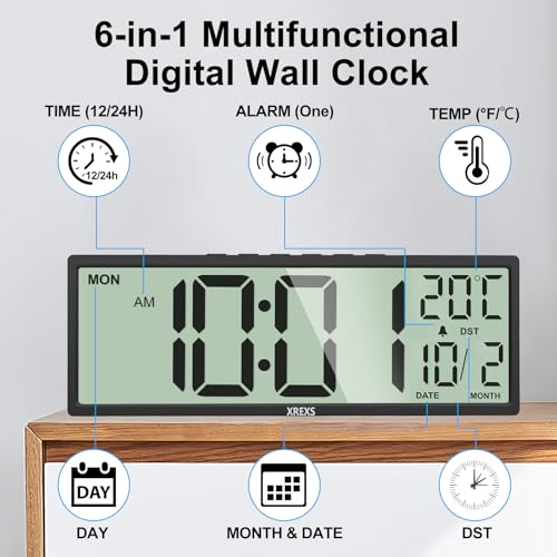 Miniatura 4 de Xrexs Reloj De Pared Digital De 14,5 Pulgadas, Hora, Calendario, Temperatura, Función Dst, Funciona Con Pilas, Para Dormitorio, Salón, Aula, Oficina Negro